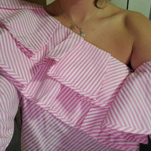 Venti6 Off Pink & White Stripe Off Shoulder Blouse - Picture 3 of 7